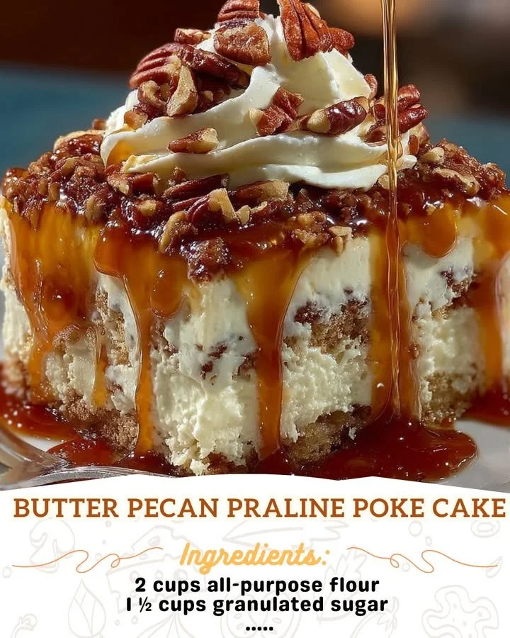 Delicious Butter Pecan Praline Poke Cake topped with pecans and praline drizzle