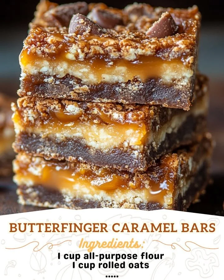 Delicious Butterfinger Caramel Bars with crispy and creamy layers