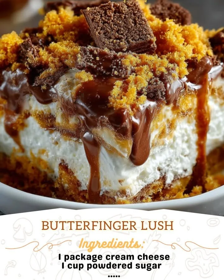 Delicious Butterfinger Lush dessert with creamy layers and Butterfinger toppings.