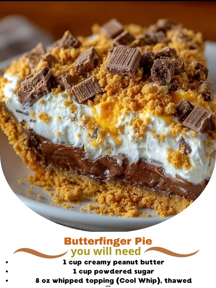 Slice of creamy Butterfinger Pie topped with crushed Butterfinger candy