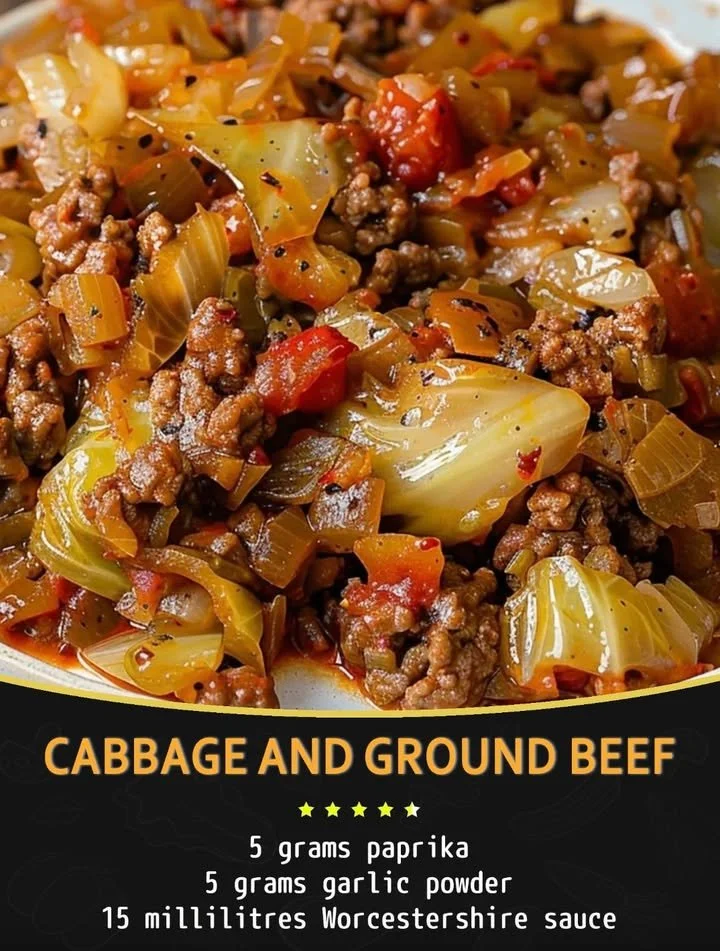 Cabbage and ground beef stir-fry in a skillet with spices and herbs