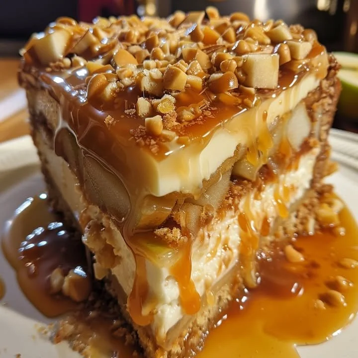 Delicious caramel apple cheesecake cake topped with caramel and apple slices.