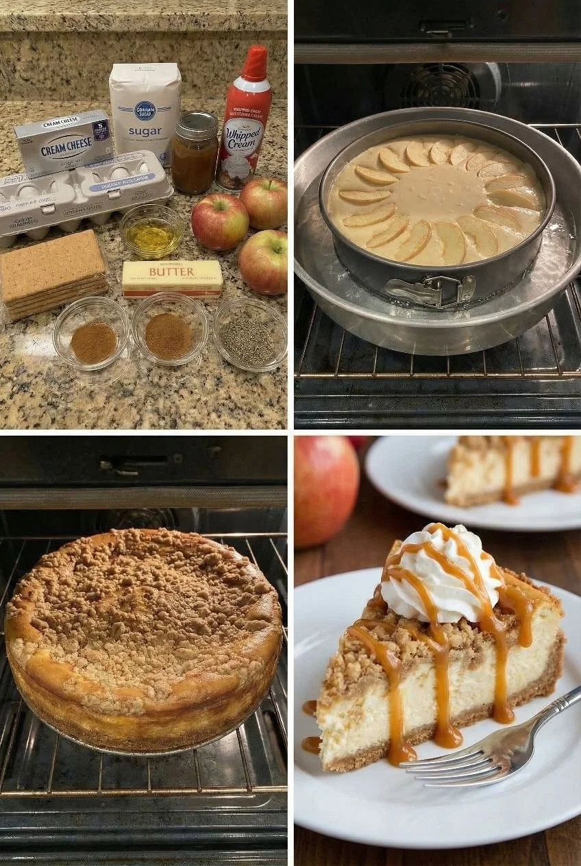 Slice of caramel apple crisp cheesecake with a golden crumb topping