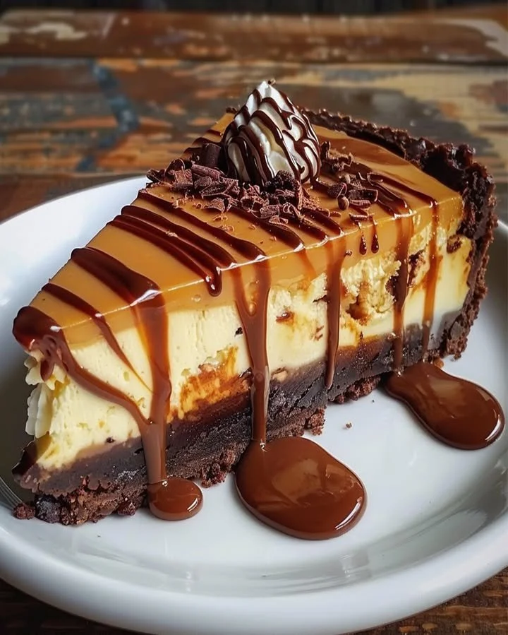 Caramel Brownie Cheesecake with layers of creamy cheesecake and fudgy brownies