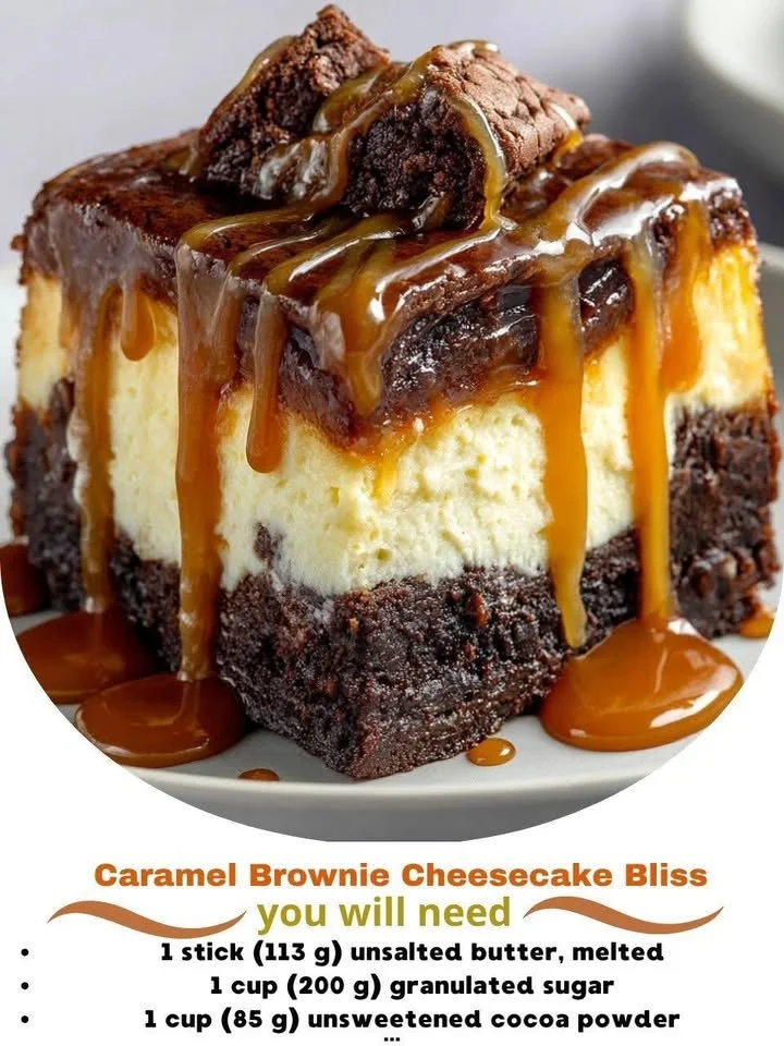Delicious caramel brownie cheesecake with a rich chocolate layer on top