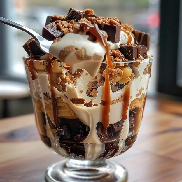 Caramel cheesecake brownie trifle dessert layered with chocolate and creamy cheese