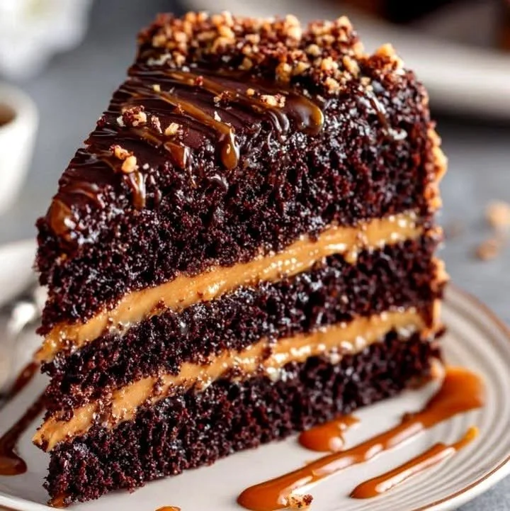 Decadent Caramel Chocolate Cake with rich caramel drizzle and chocolate frosting