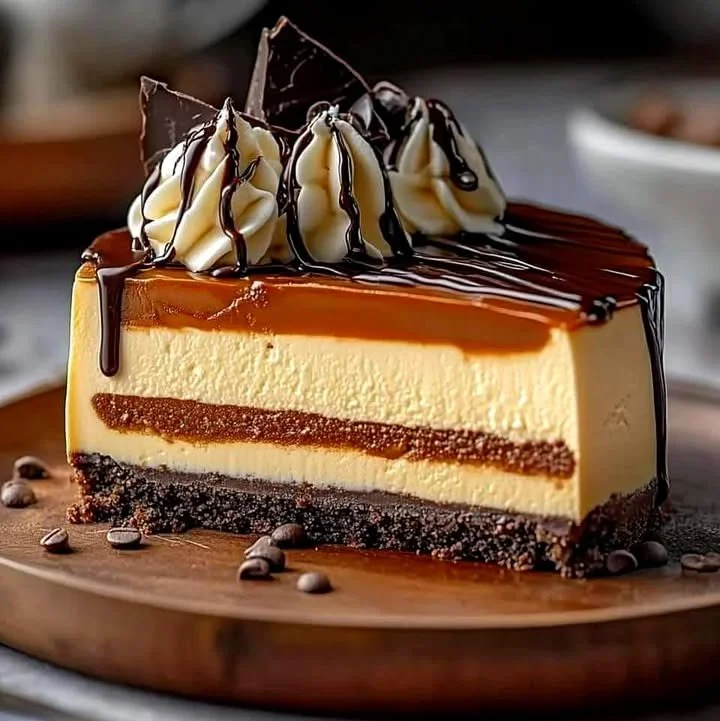 Slice of Caramel Chocolate Coffee Cheesecake with a rich creamy topping