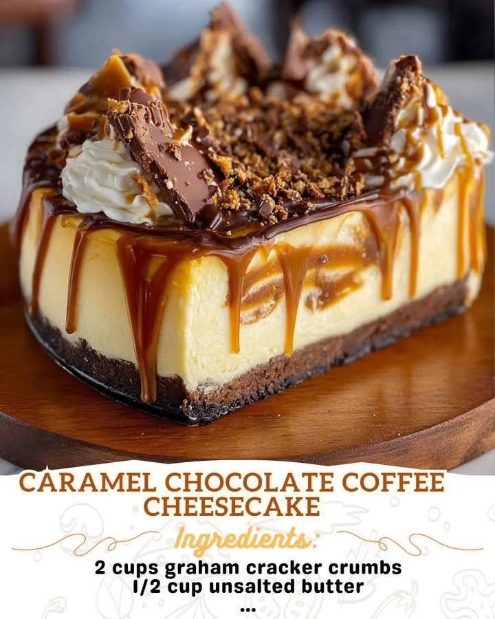 Slice of Caramel Chocolate Coffee Cheesecake with rich toppings