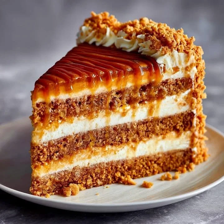 Delicious caramel crunch layer cake with crispy toppings and rich caramel drizzle.