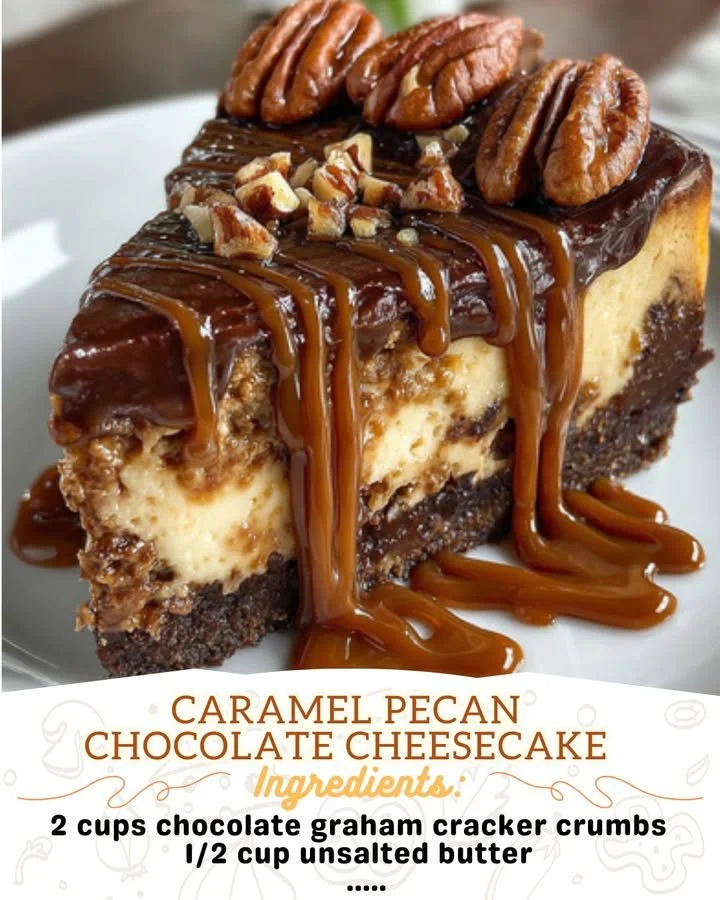 Delicious Caramel Pecan Chocolate Cheesecake with rich chocolate and pecan topping