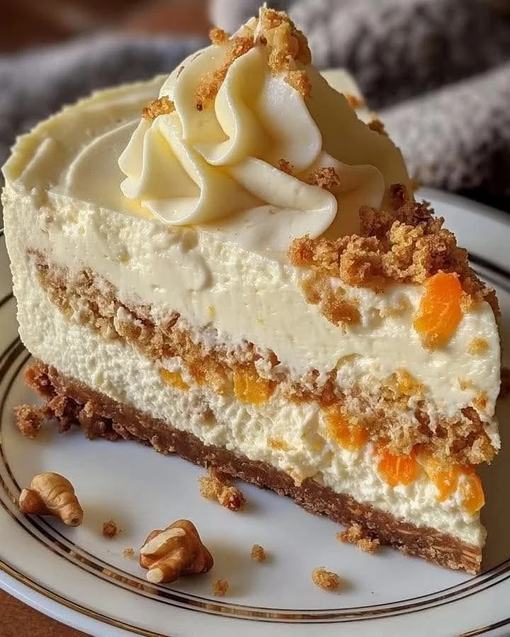 Delicious slice of carrot cake cheesecake topped with cream cheese frosting