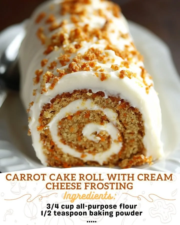 Carrot cake roll topped with cream cheese frosting and garnished with walnuts.