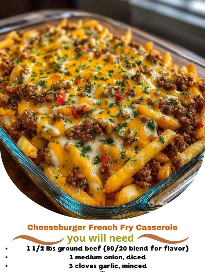 Cheeseburger casserole topped with crispy French fries and melted cheese