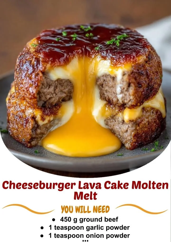 Cheeseburger Lava Cake layered with molten melted cheese and juicy burger flavors