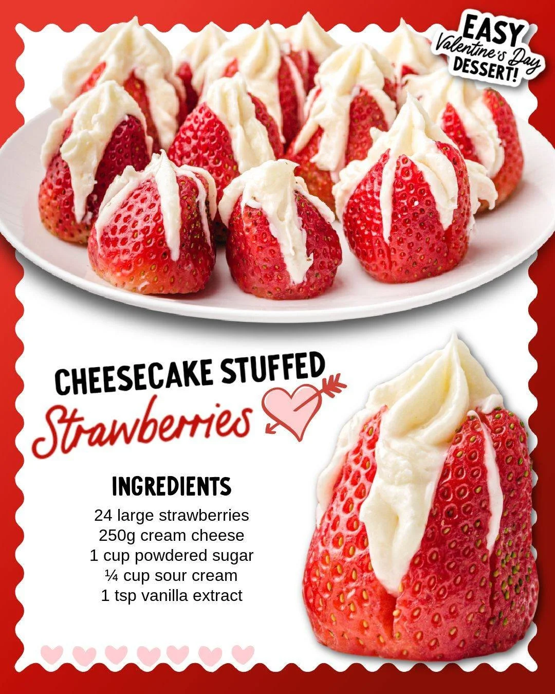 Delicious cheesecake stuffed strawberries ready to be served as a dessert.
