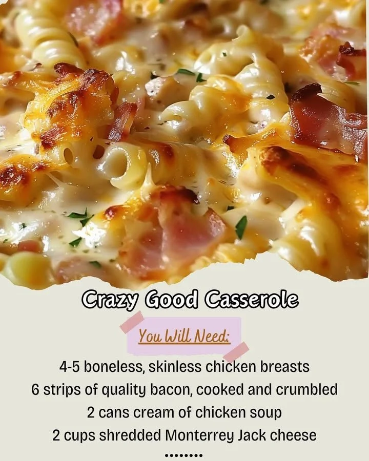 Cheesy Chicken Bacon Pasta Bake served in a dish with vibrant ingredients