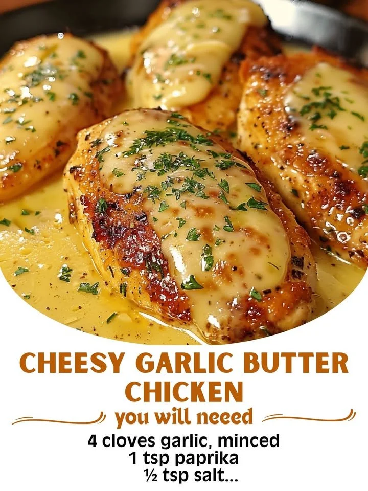 Cheesy garlic butter chicken served on a plate with herbs and spices