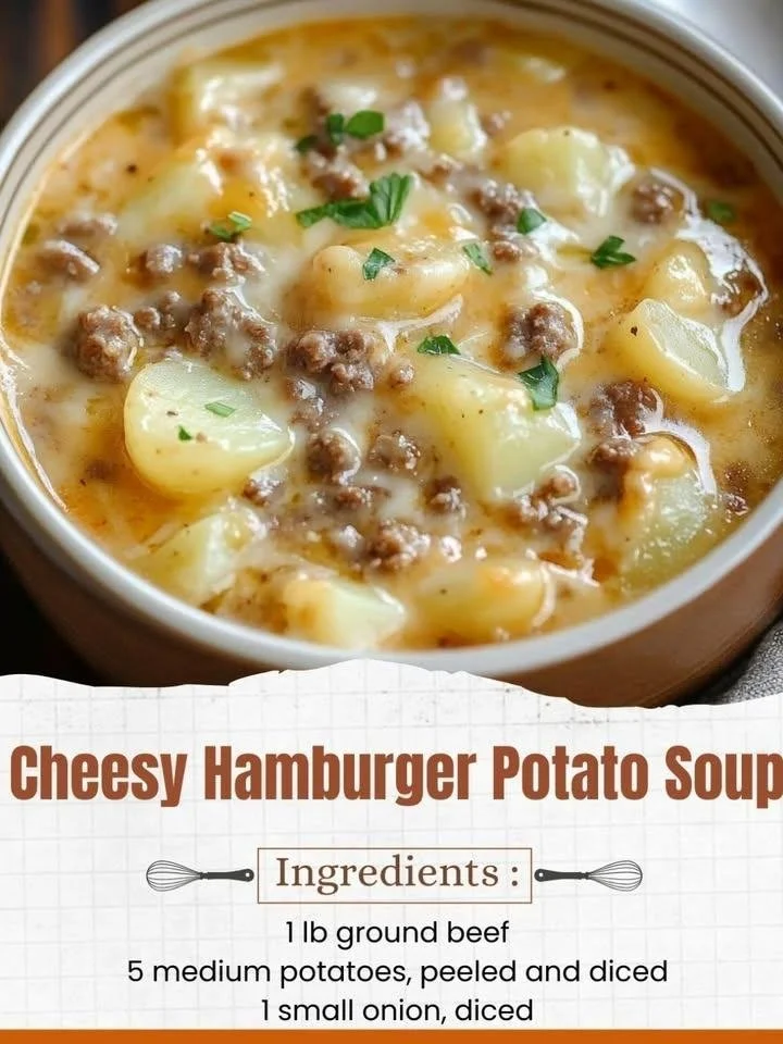 Bowl of cheesy hamburger potato soup garnished with herbs