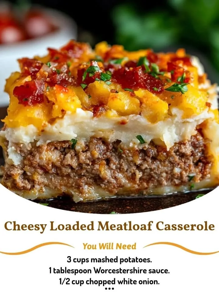 Delicious Cheesy Loaded Meatloaf Casserole served in a baking dish