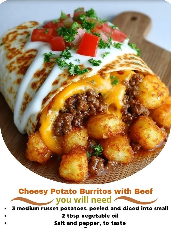 Cheesy potato burritos filled with beef, served on a rustic plate.