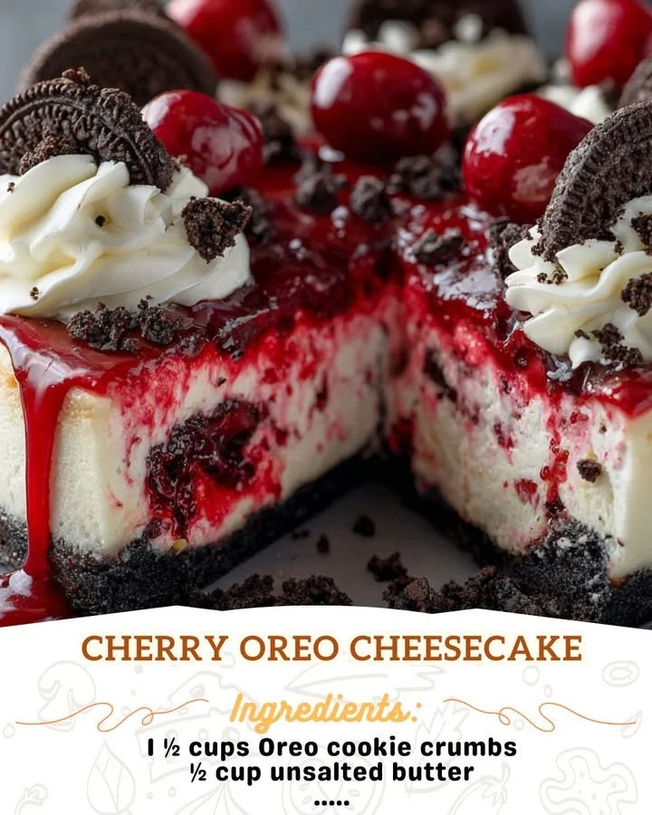 Delicious Cherry Oreo Cheesecake slice topped with cherries and crushed Oreos.