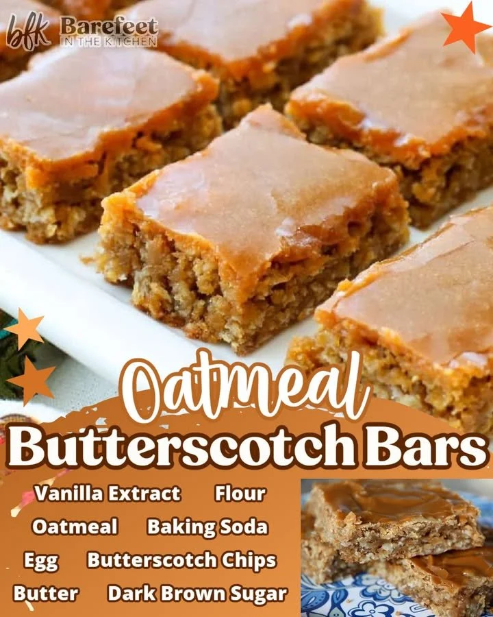 Close-up of chewy oatmeal butterscotch bars with a golden brown color.
