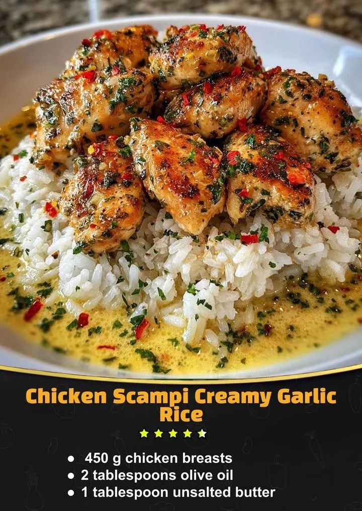 Delicious chicken scampi served with creamy garlic rice, a perfect dinner dish.