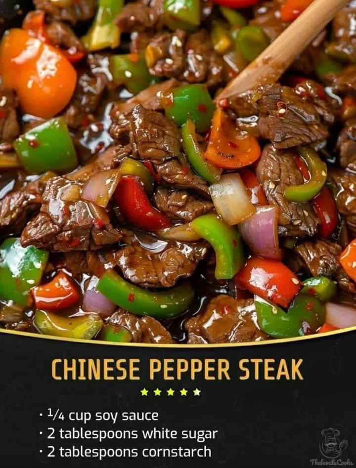 Delicious Chinese pepper steak served with colorful bell peppers on a plate.