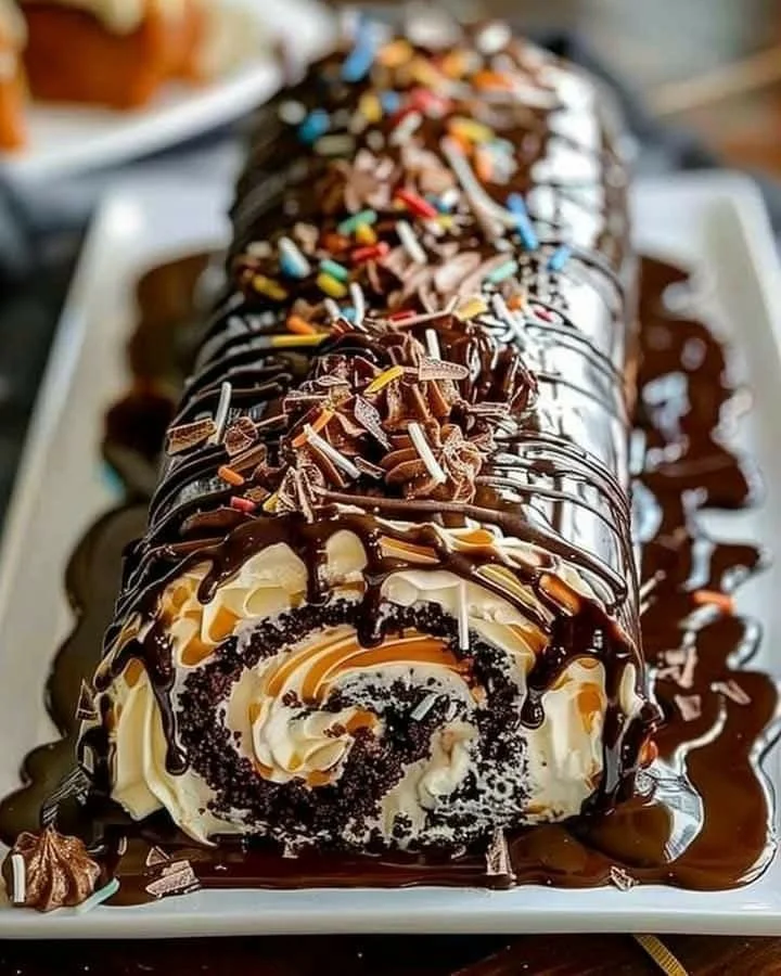 Chocolate birthday cake roll with cream filling and decorative sprinkles