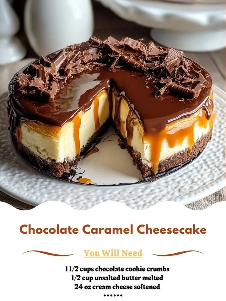 Delicious Chocolate Caramel Cheesecake topped with chocolate and caramel sauce.