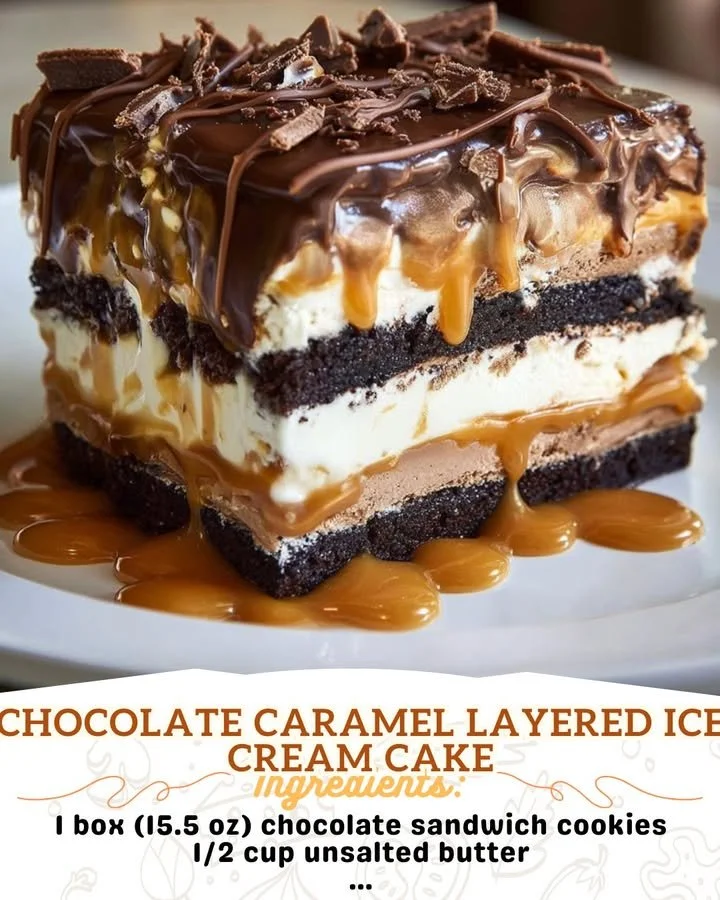 Decadent chocolate caramel layered ice cream cake beautifully presented on a platter