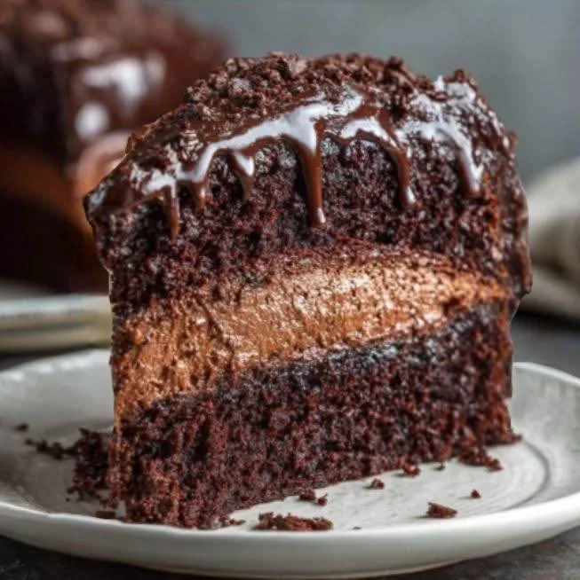Chocolate cheesecake-filled chocolate cake with ganache topping