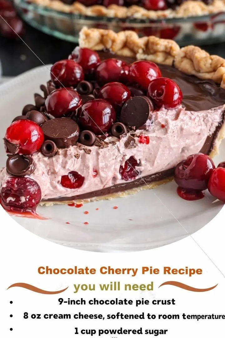 Deliciously baked Chocolate Cherry Pie with chocolate filling and fresh cherries
