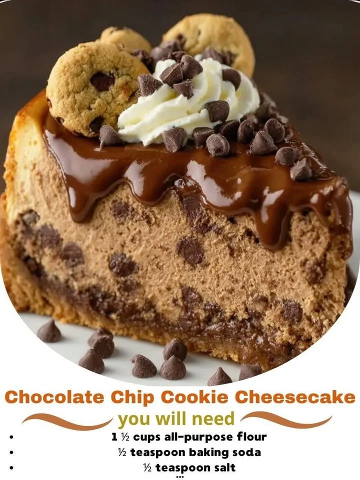 Delicious chocolate chip cookie cheesecake topped with chocolate chips and cookie pieces.