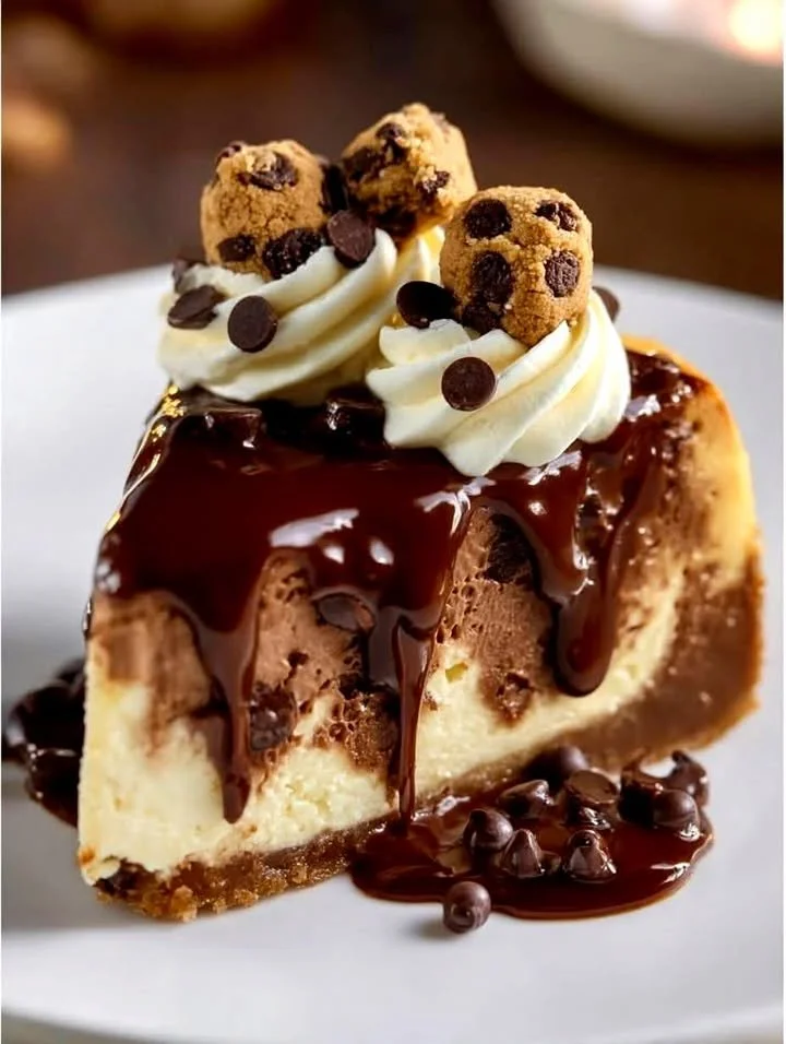 Delicious chocolate chip cookie cheesecake topped with chocolate chips.