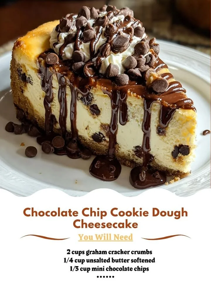 Chocolate Chip Cookie Dough Cheesecake topped with cookie dough bites and chocolate drizzle.