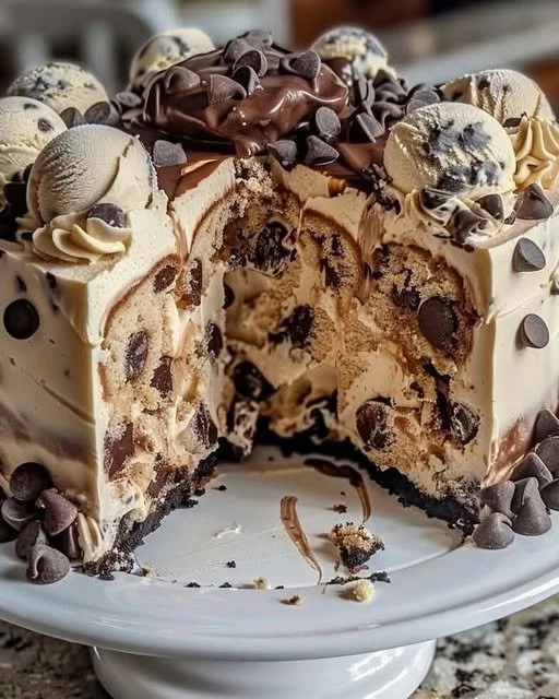 Chocolate Chip Cookie Dough Ice Cream Cake topped with cookie dough and chocolate chips