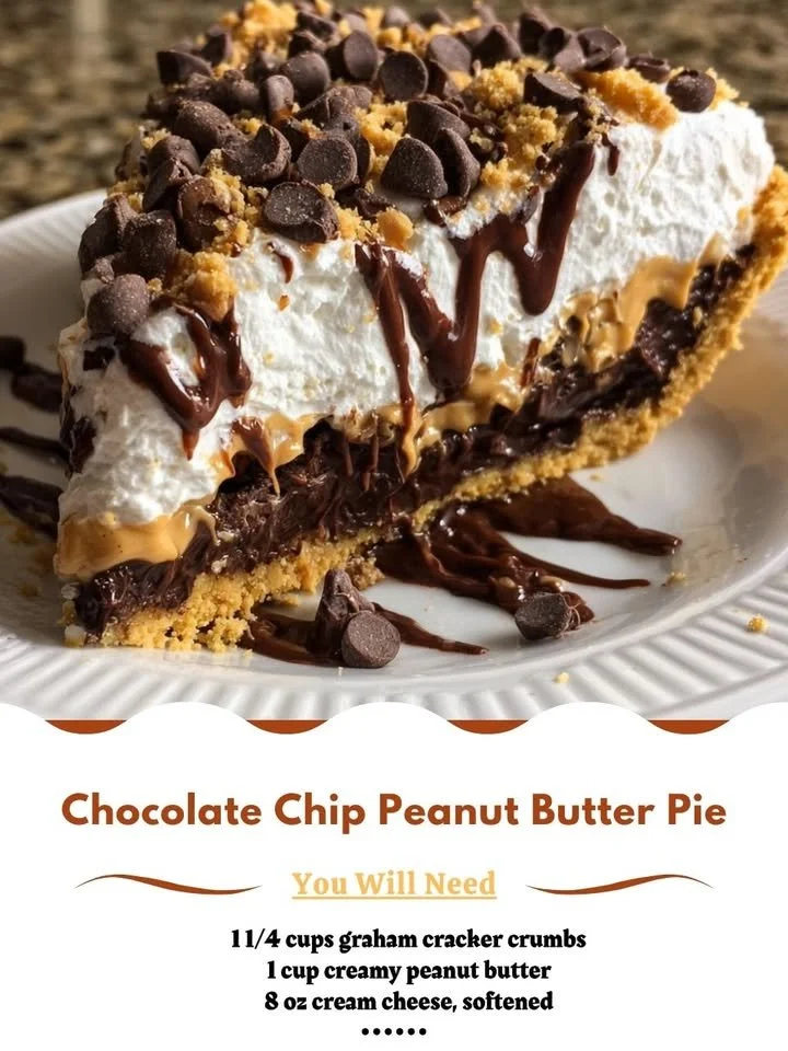 Chocolate Chip Peanut Butter Pie topped with chocolate chips and whipped cream