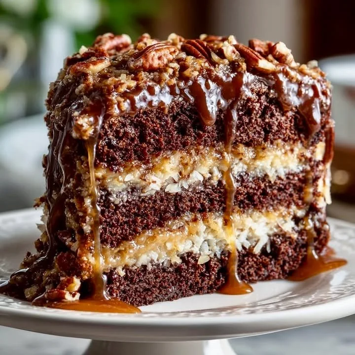 Delicious Chocolate Coconut Cake topped with coconut shavings and chocolate frosting.