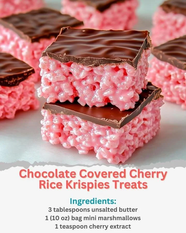 Chocolate covered cherry rice krispies treats on a plate