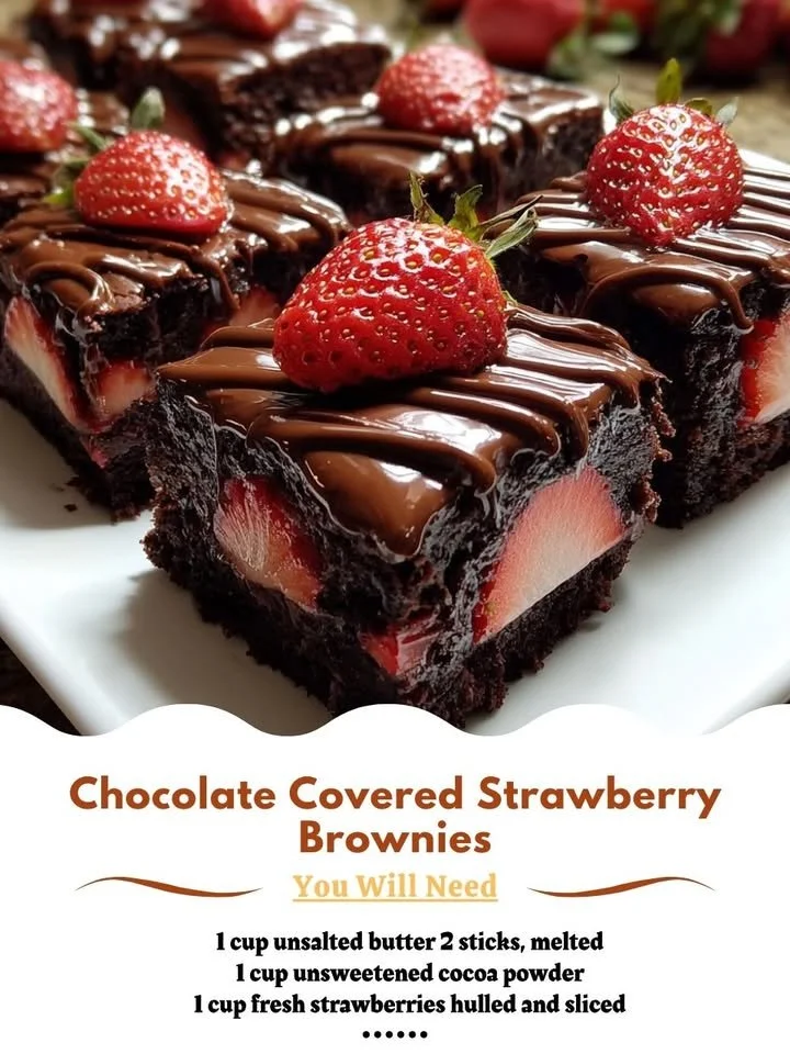 Delicious chocolate covered strawberry brownies on a plate