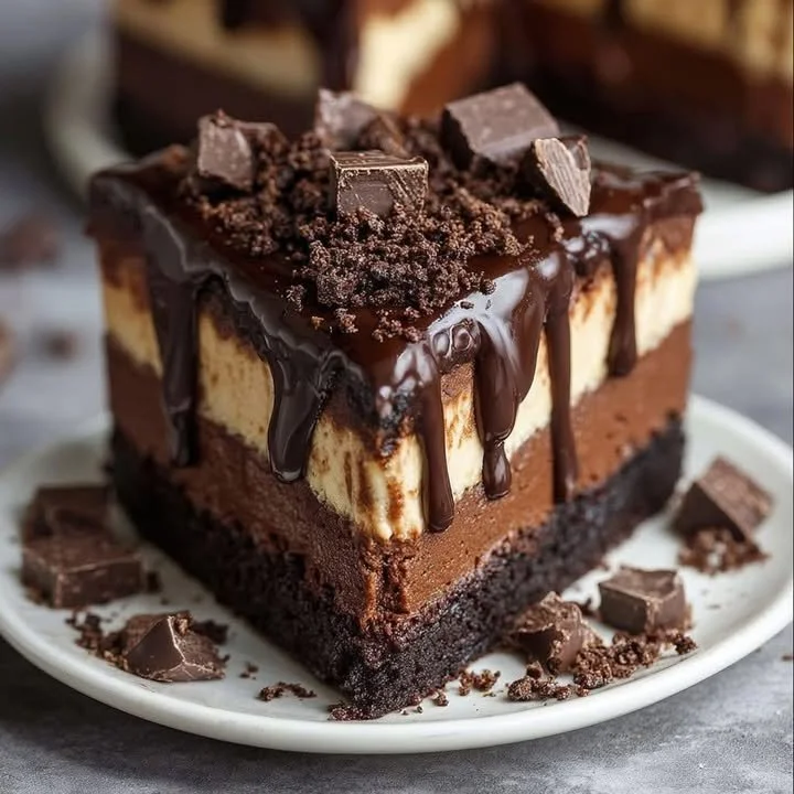Decadent chocolate ganache cheesecake topped with rich chocolate ganache