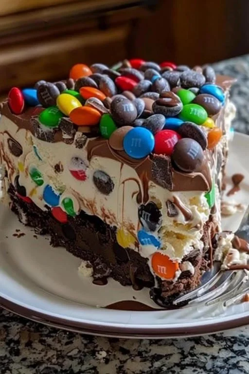 Chocolate M&M's and cookie dough ice cream cake with colorful toppings.