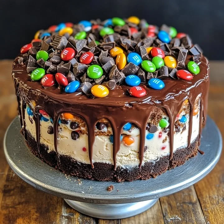Chocolate M&M's and cookie dough ice cream cake topped with sprinkles