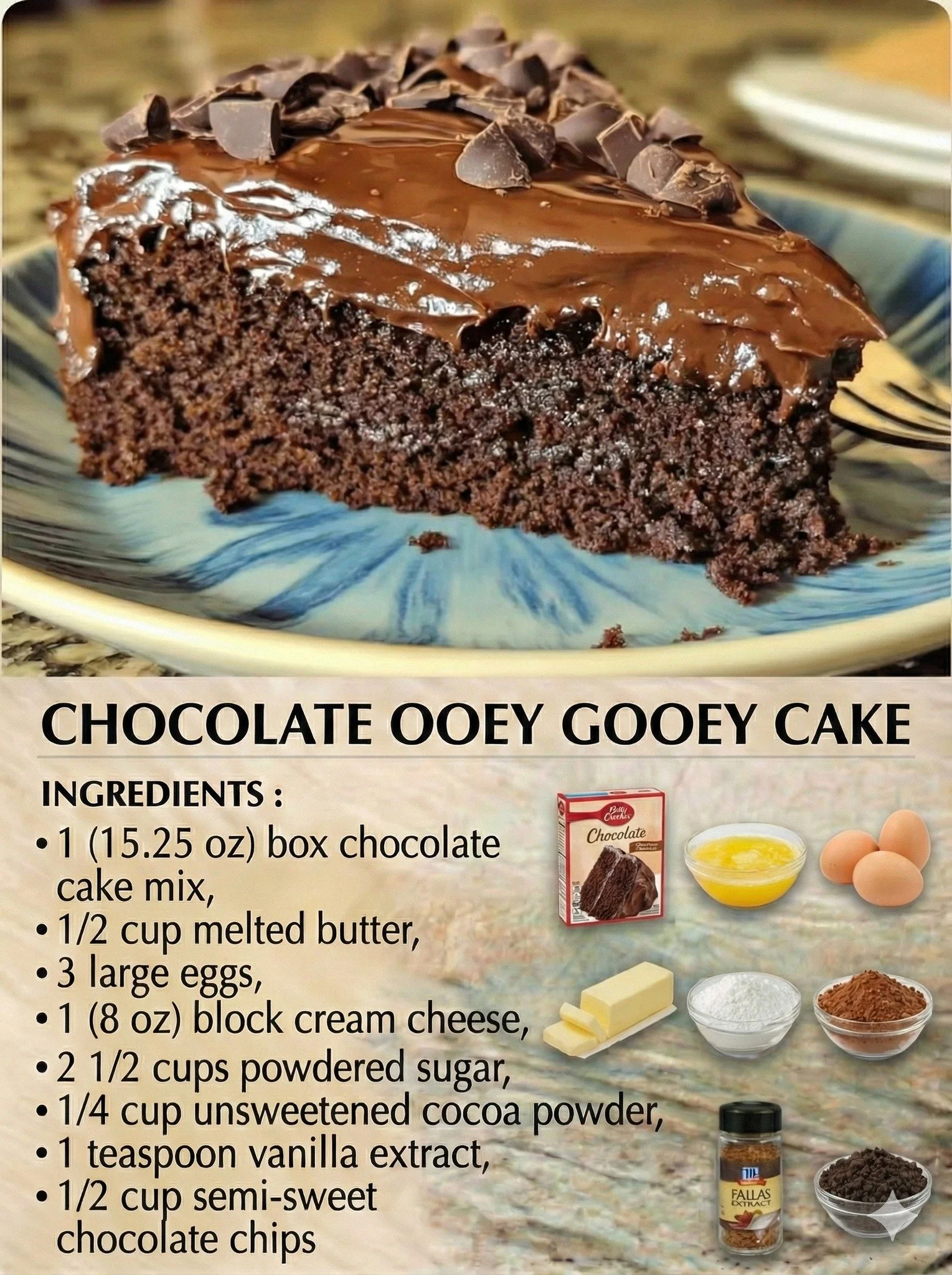 Decadent Chocolate Ooey Gooey Cake with rich chocolate frosting and texture