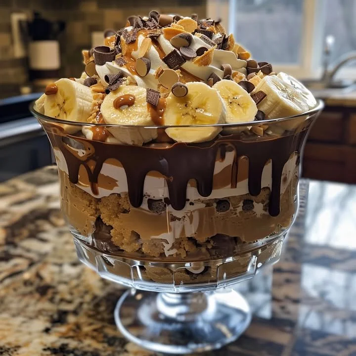 Delicious Chocolate Peanut Butter Banana Cream Trifle with layers of chocolate and bananas