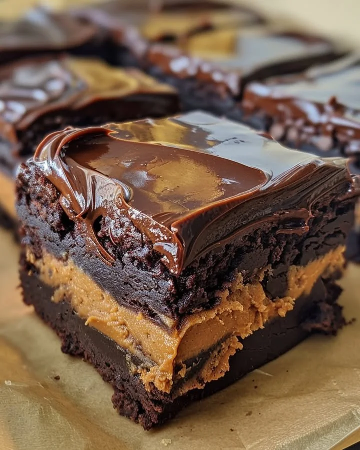 Delicious Chocolate Peanut Butter Brownie Bars with a rich chocolate topping