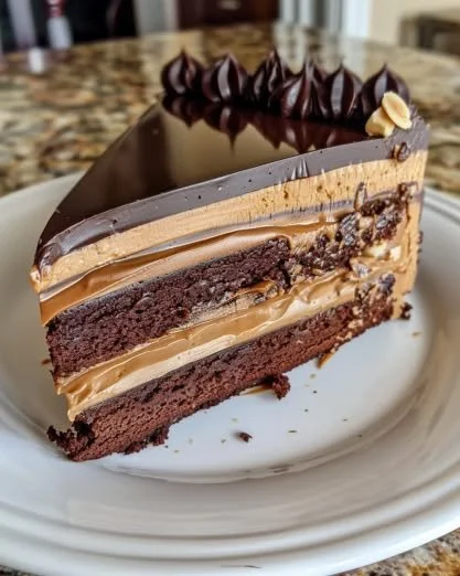 Delicious chocolate peanut butter cheesecake cake with a rich topping