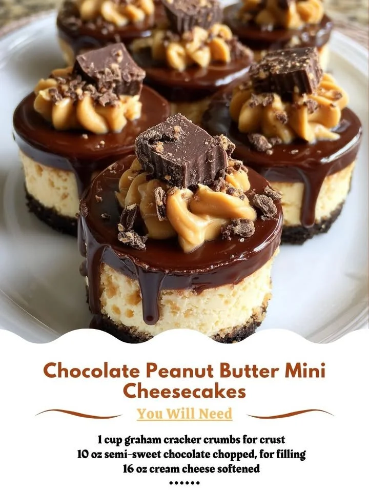 Delicious chocolate peanut butter mini cheesecakes topped with chocolate drizzle